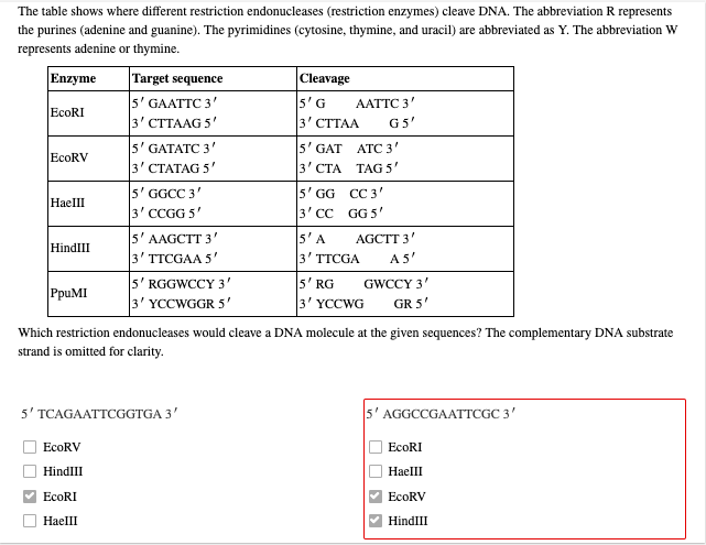 Solved EcoRV The table shows where different restriction | Chegg.com