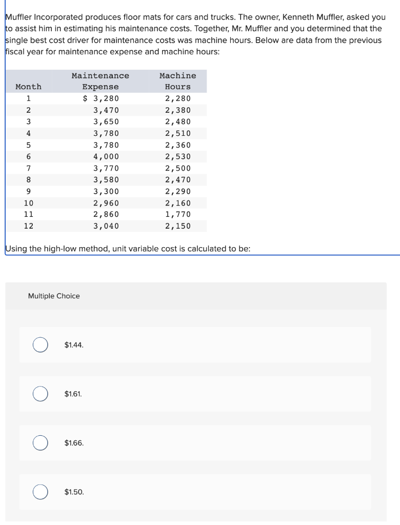 Solved Muffler Incorporated produces floor mats for cars and