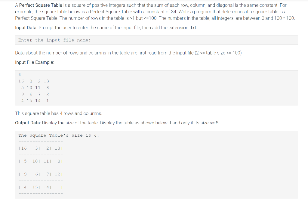 Solved 2D Arrays And Files A Perfect Square Table is a Chegg