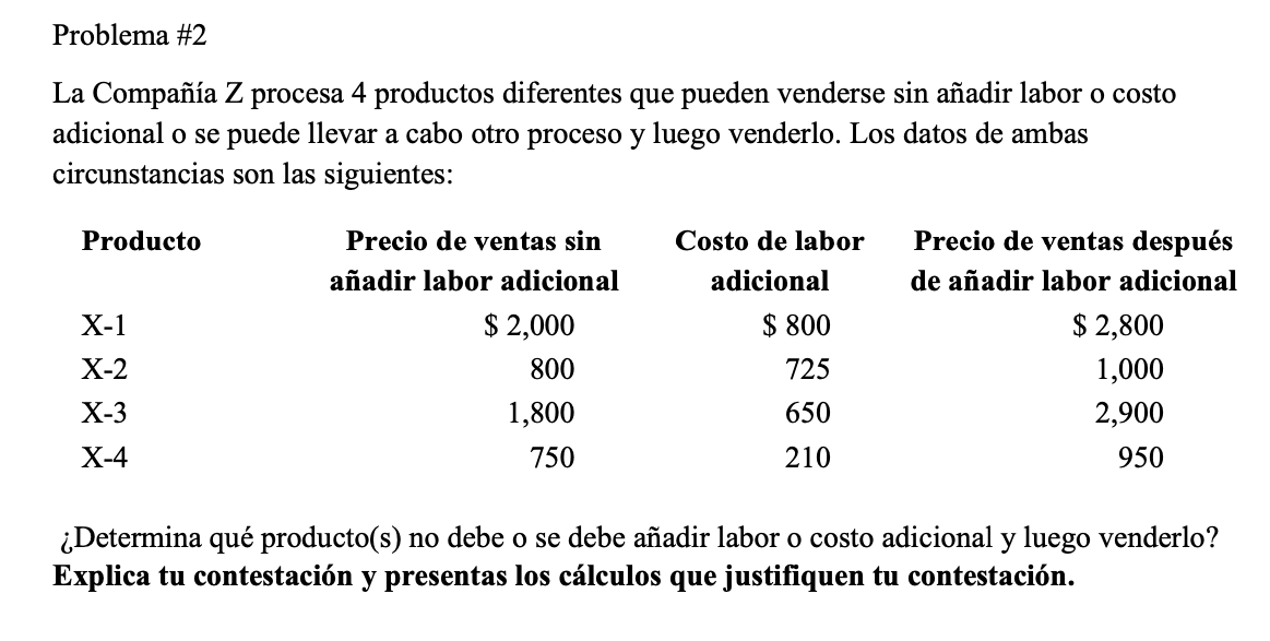 La Compañía \( \mathrm{Z} \) procesa 4 productos diferentes que pueden venderse sin añadir labor o costo adicional o se puede