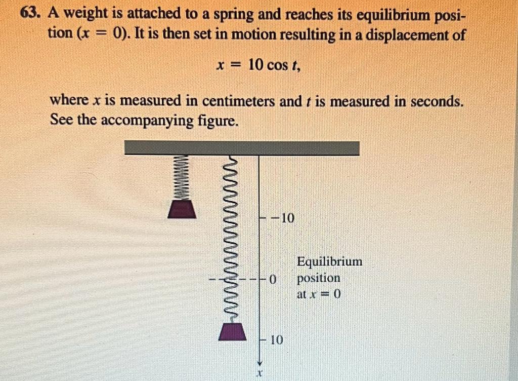 3. A weight is attached to a spring and reaches its equilibrium position \( (x=0) \). It is then set in motion resulting in a