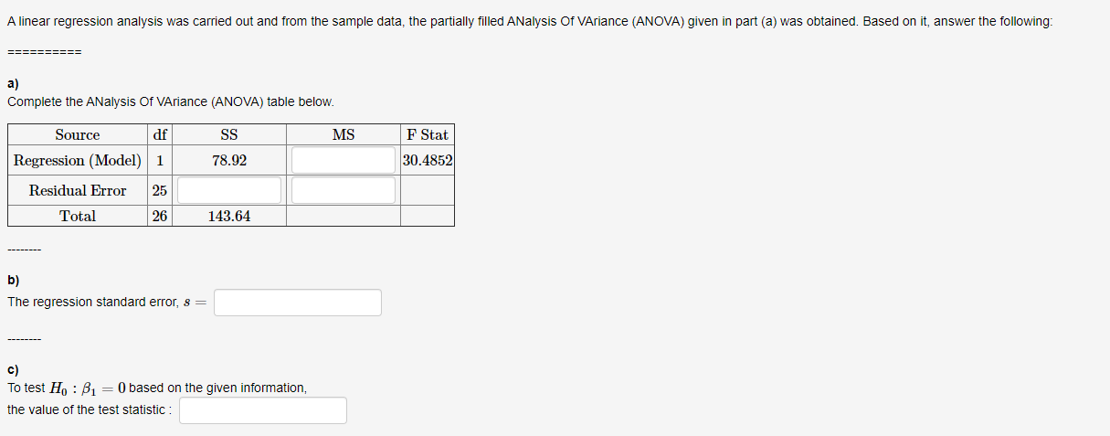 Solved A linear regression analysis was carried out and from | Chegg.com