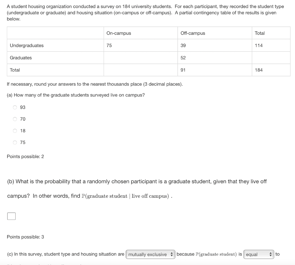 Solved A student housing organization conducted a survey on | Chegg.com