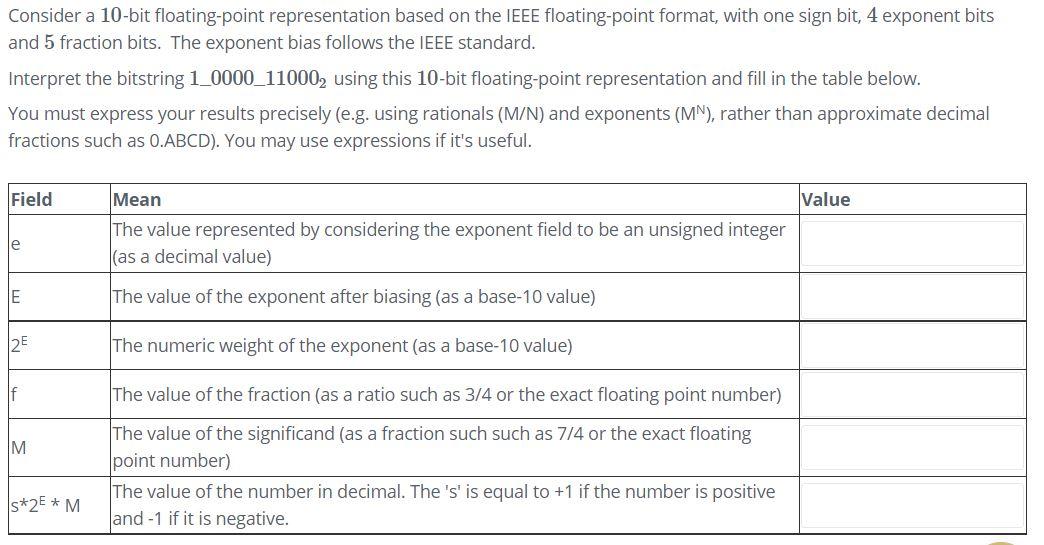 Solved Consider a 10-bit floating point representation based | Chegg.com