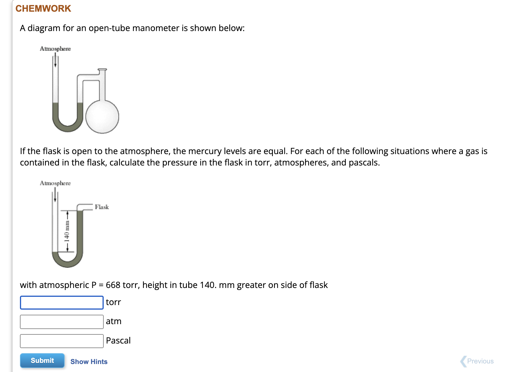 Solved CHEMWORK A diagram for an open-tube manometer is | Chegg.com