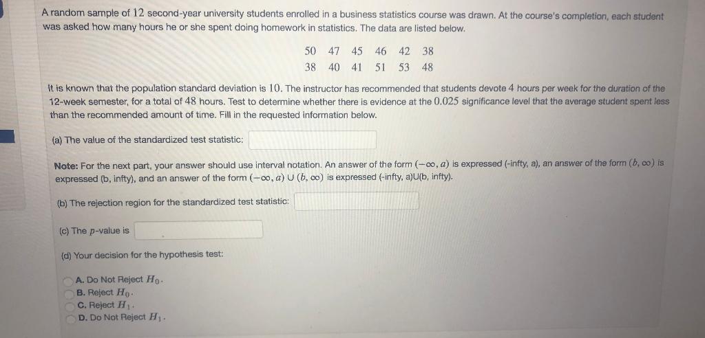 Solved A random sample of 12 second-year university students | Chegg.com