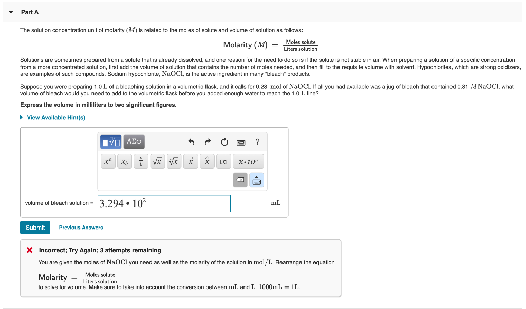 Solved Part A The solution concentration unit of molarity