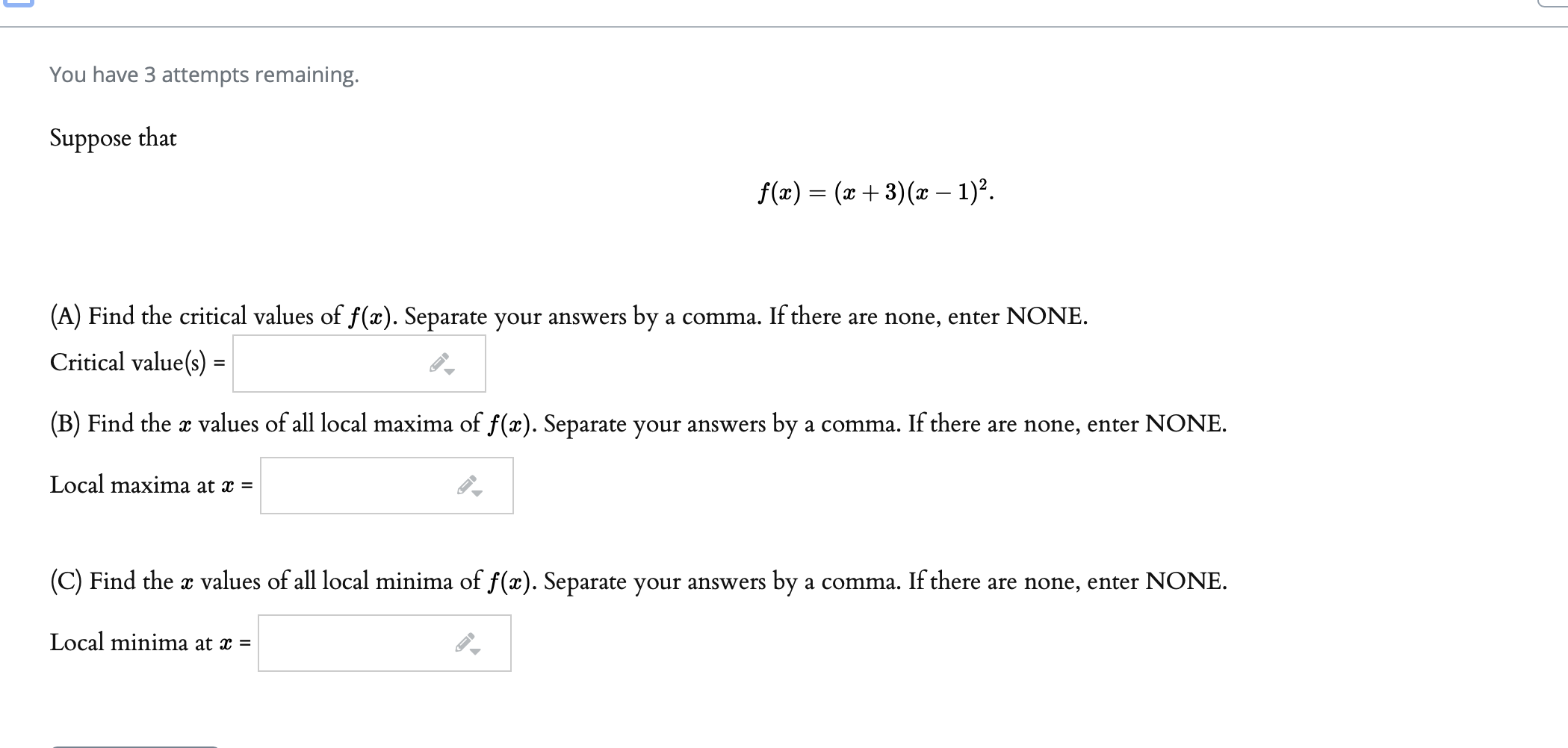 Solved You have 3 attempts remaining. Suppose that f(x) = (x | Chegg.com