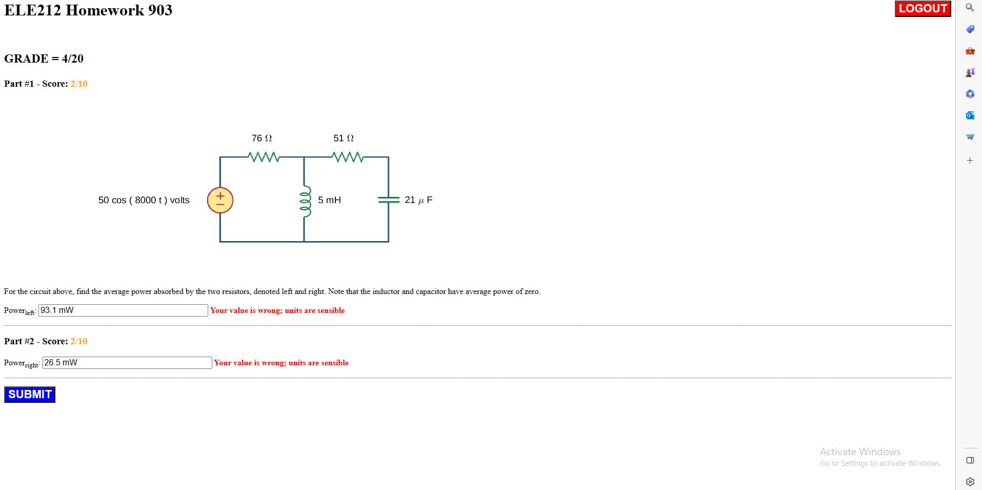 Solved For the circuit above, find the average power