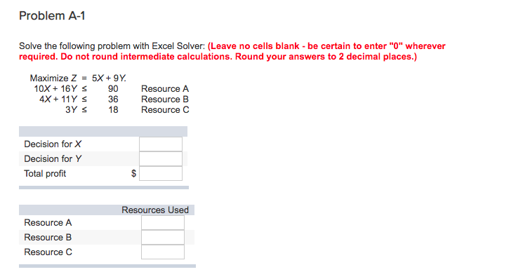 Solved Problem A-1 Solve the following problem with Excel | Chegg.com