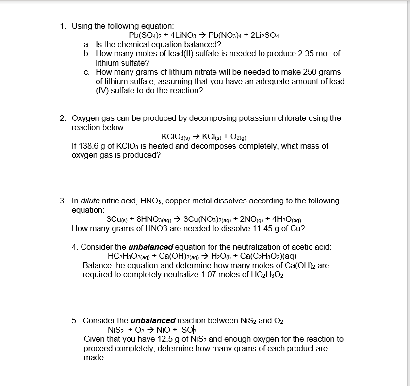 Solved 1. Using the following equation: Pb(SO4)2 + 4LINO3 → | Chegg.com