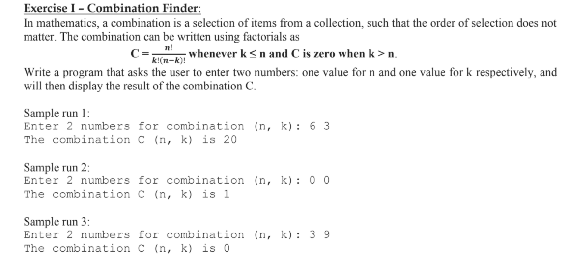 Solved Exercise I - Combination Finder: In mathematics, a | Chegg.com