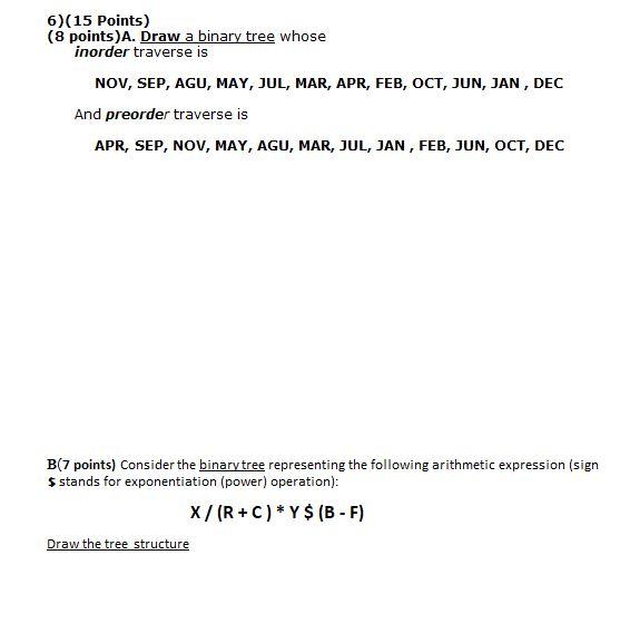 Solved 6)(15 Points) (8 points)A. Draw a binary tree whose | Chegg.com
