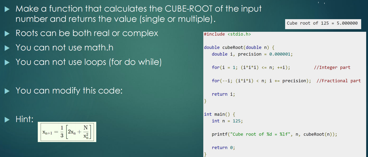 Solved Cube root of 125 = 5.000000 #include Make a function | Chegg.com