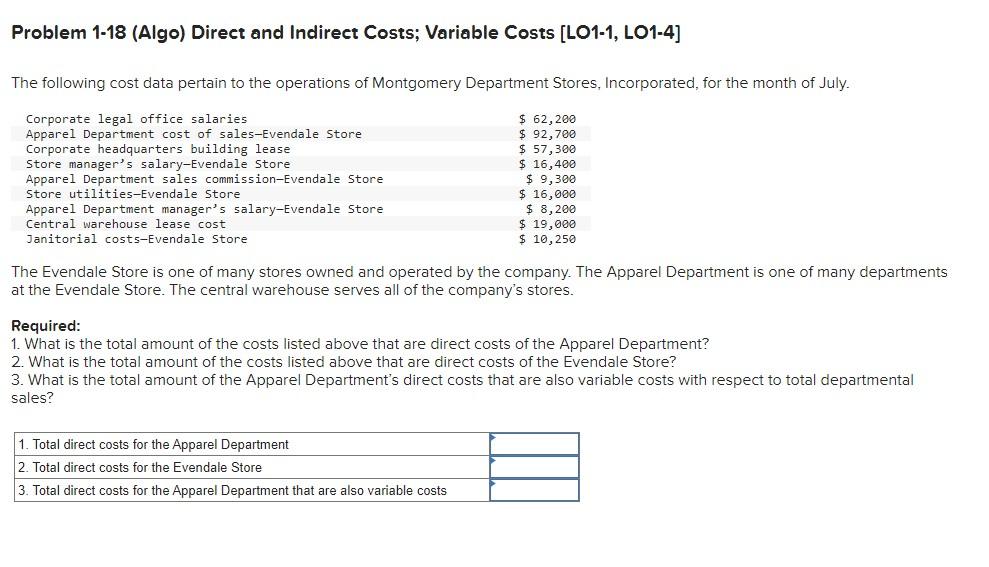 Solved Problem 1-18 (Algo) Direct and Indirect Costs; | Chegg.com