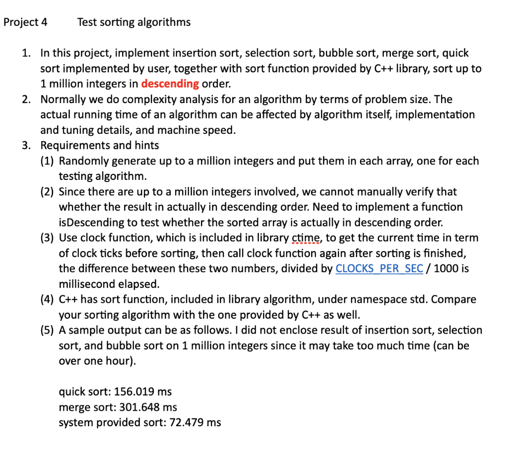 Solved Project 4 Test sorting algorithms 1. In this project, | Chegg.com