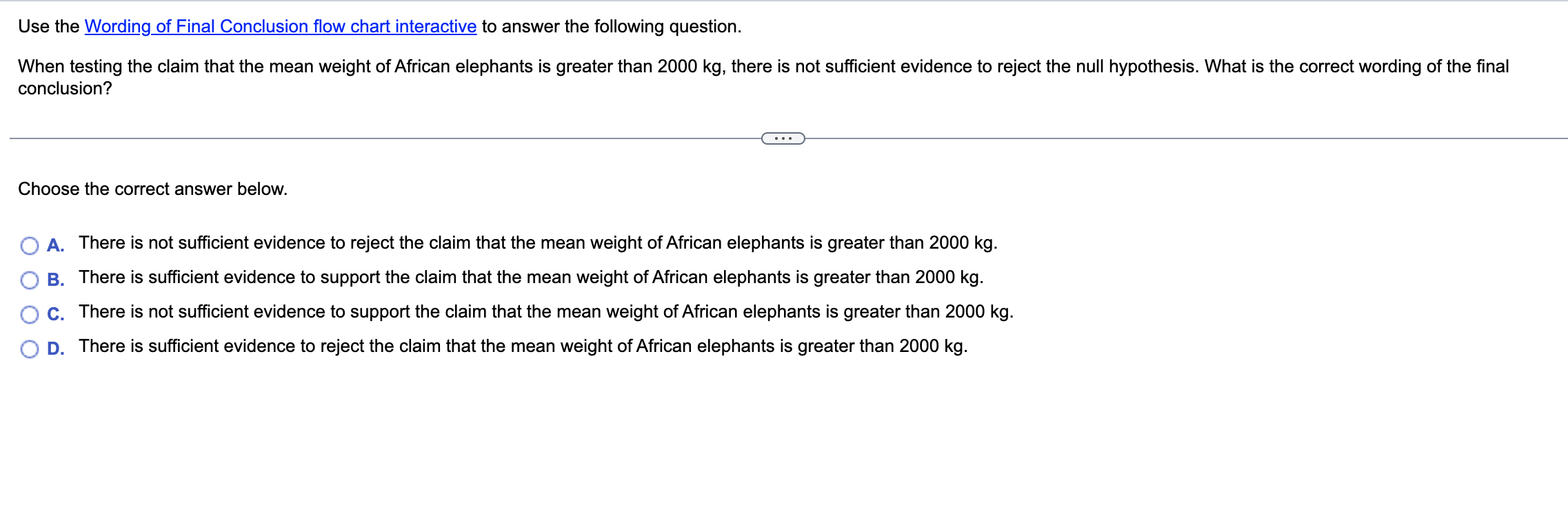 Use the Wording of Final Conclusion flow chart interactive to answer the following question.
When testing the claim that the 