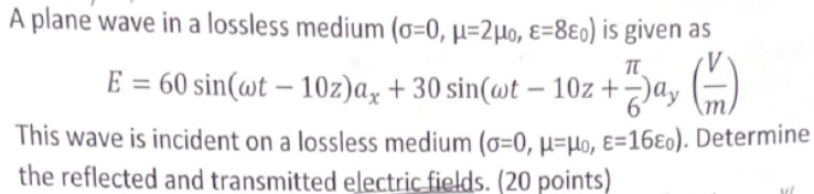Solved A plane wave in a lossless medium (σ=0,μ=2μ0,ε=8ε0) | Chegg.com