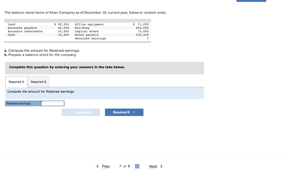 [Solved] The balance sheet items of Kiner Company as of D