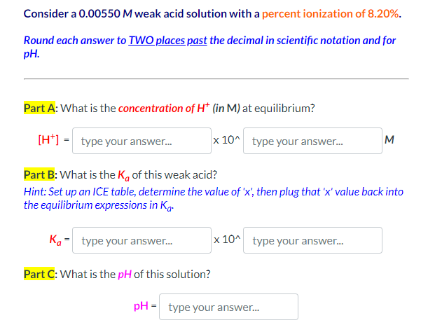 Solved Consider a 0.00550M weak acid solution with a percent | Chegg.com