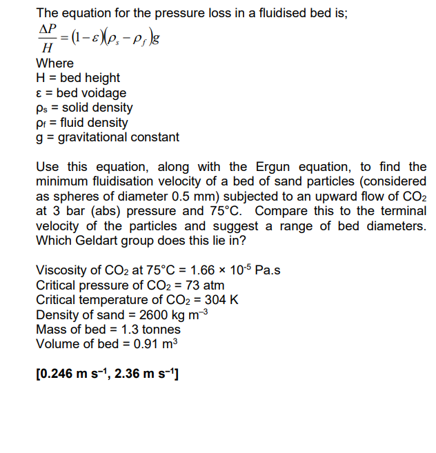 The equation for the pressure loss in a fluidised bed