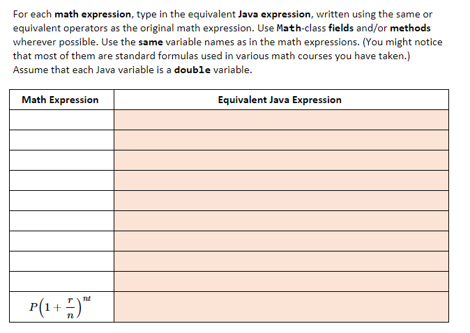 Solved For each math expression, type in the equivalent Java | Chegg.com