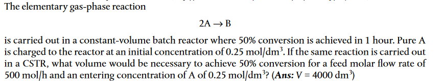 Solved The Elementary Gas-phase Reaction 2 A→B Is Carried | Chegg.com