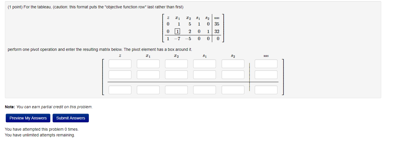 Solved (1 point) For the tableau, (caution: this format puts | Chegg.com