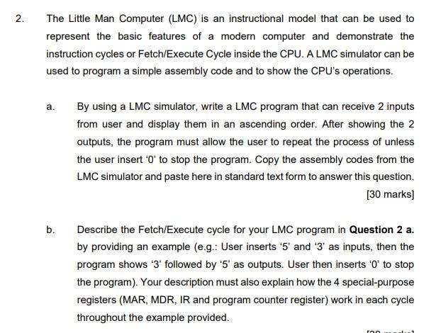 Solved 2. The Little Man Computer (LMC) Is An Instructional | Chegg.com