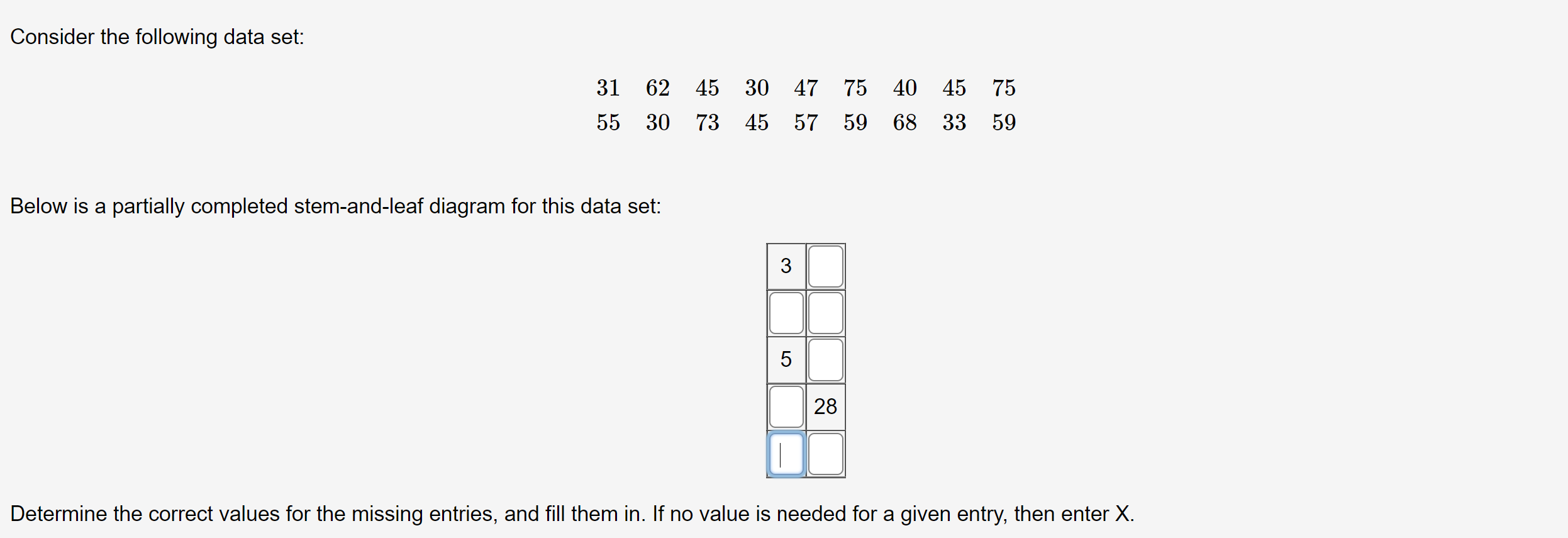 Solved Consider The Following Data Set 31 62 45 30 47 75 40 3000