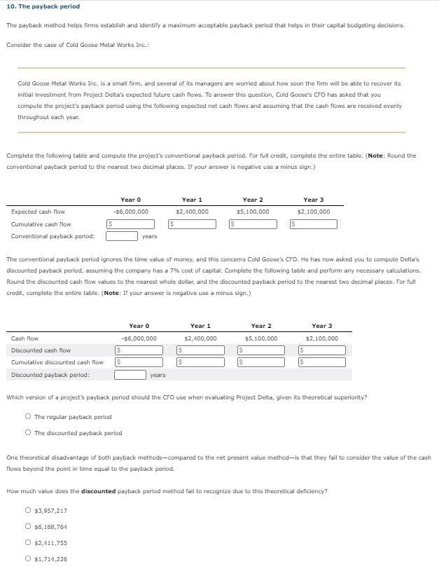 Solved 10. The payback period The payback method helps firms | Chegg.com