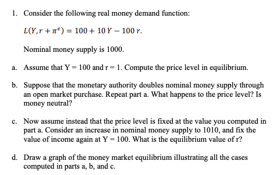 Solved Money Supply = 900 Money Demand = 1000 - 100r