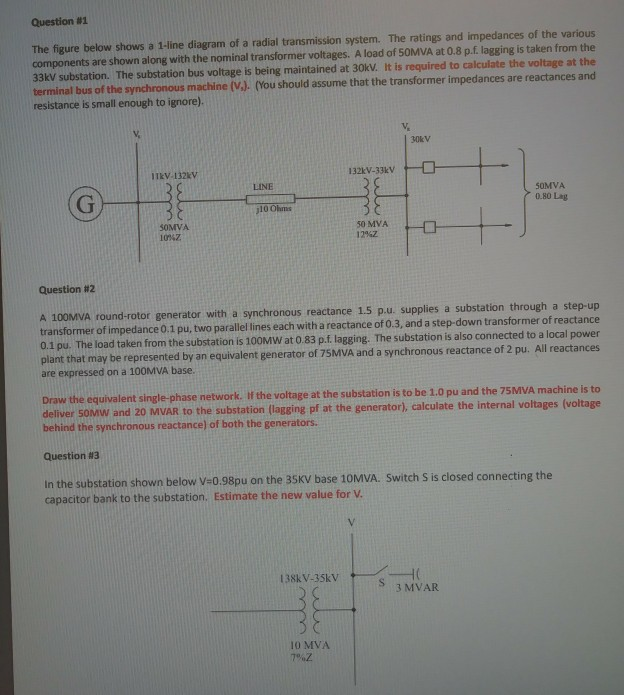 Solved Question #1 The figure below shows a 1-line diagram | Chegg.com