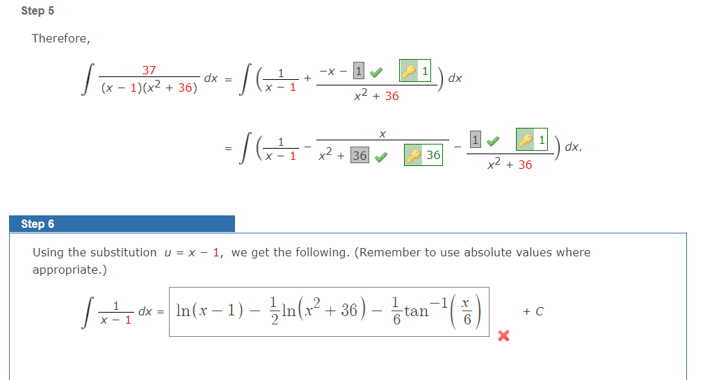 Solved Step 5 Therefore, 37 (x - 1)(x2 + 36) dx = -16 + dx | Chegg.com