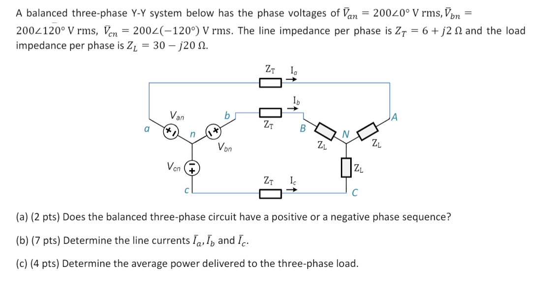 Solved A balanced three-phase Y-Y system below has the phase | Chegg.com