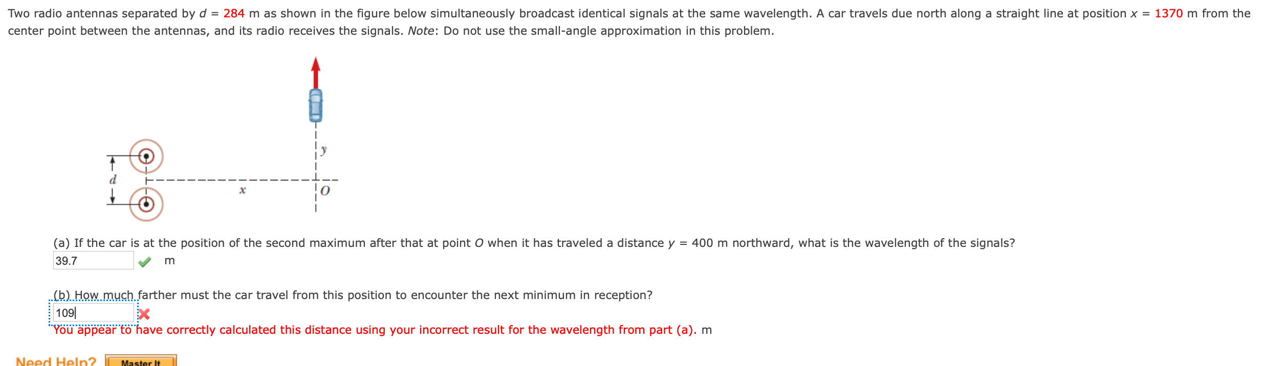 Solved Two radio antennas separated by d = 284 m as shown in