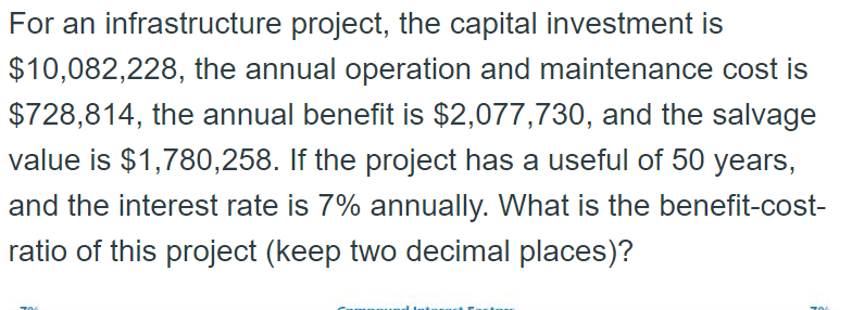 Solved For an infrastructure project, the capital investment | Chegg.com