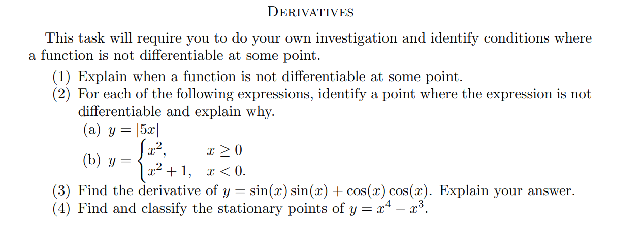 Solved DERIVATIVES This task will require you to do your own | Chegg.com
