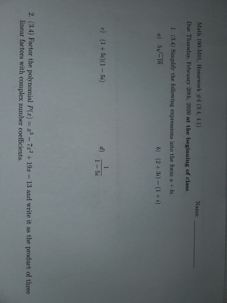 Solved Name: Math 190-M01, Homework #4 (3.4, 4.1) Due | Chegg.com