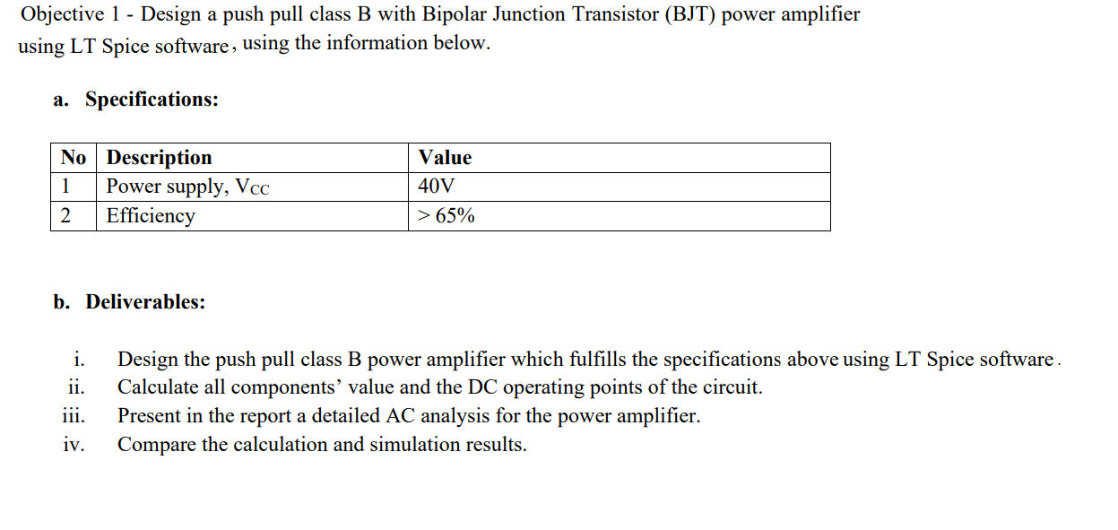 Solved Objective 1 - Design A Push Pull Class B With Bipolar | Chegg.com