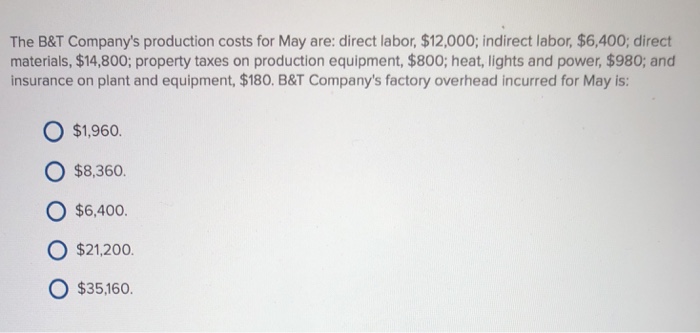 Solved The B T Company s Production Costs For May Are Chegg
