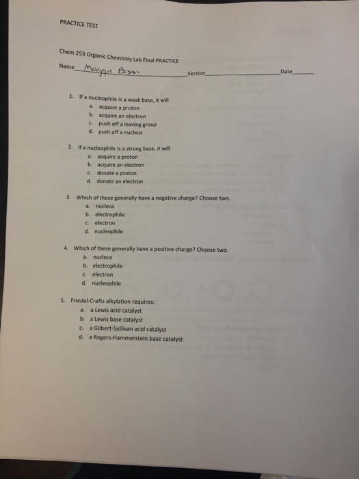 Solved PRACTICE TEST Chem 253 Organic Chemistry Lab Final