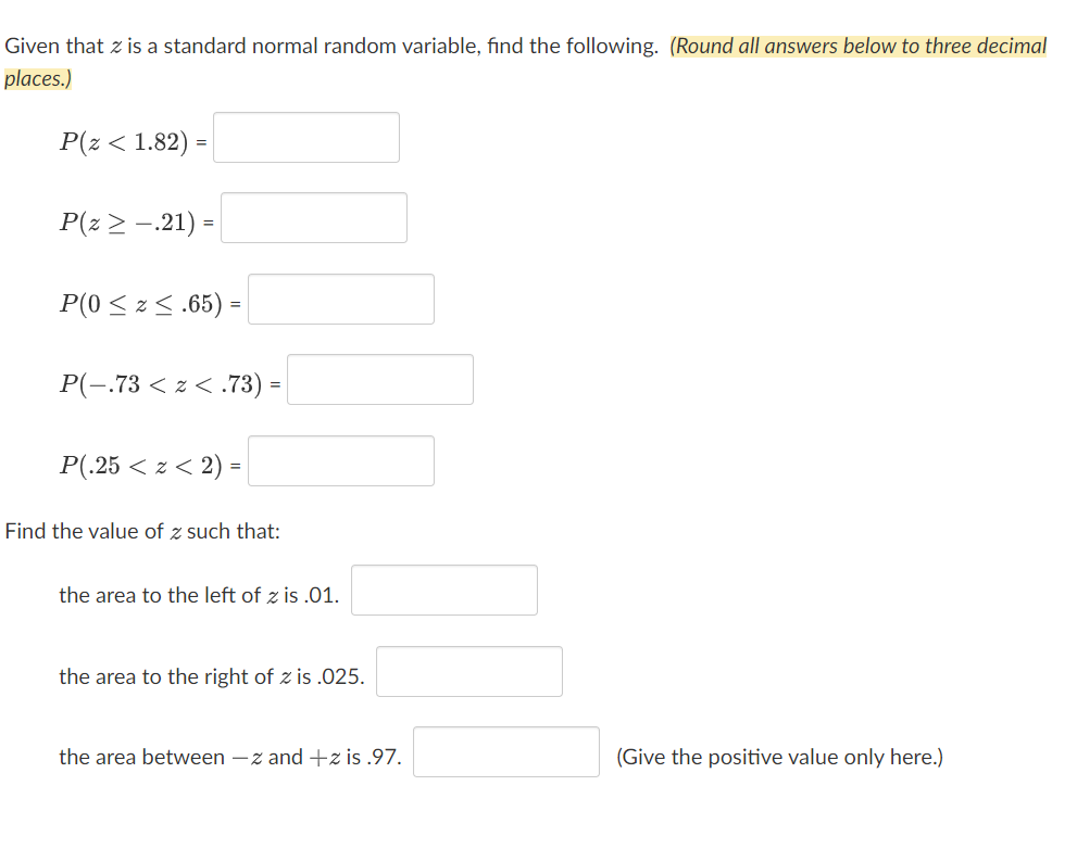 Solved Given that z is a standard normal random variable, | Chegg.com