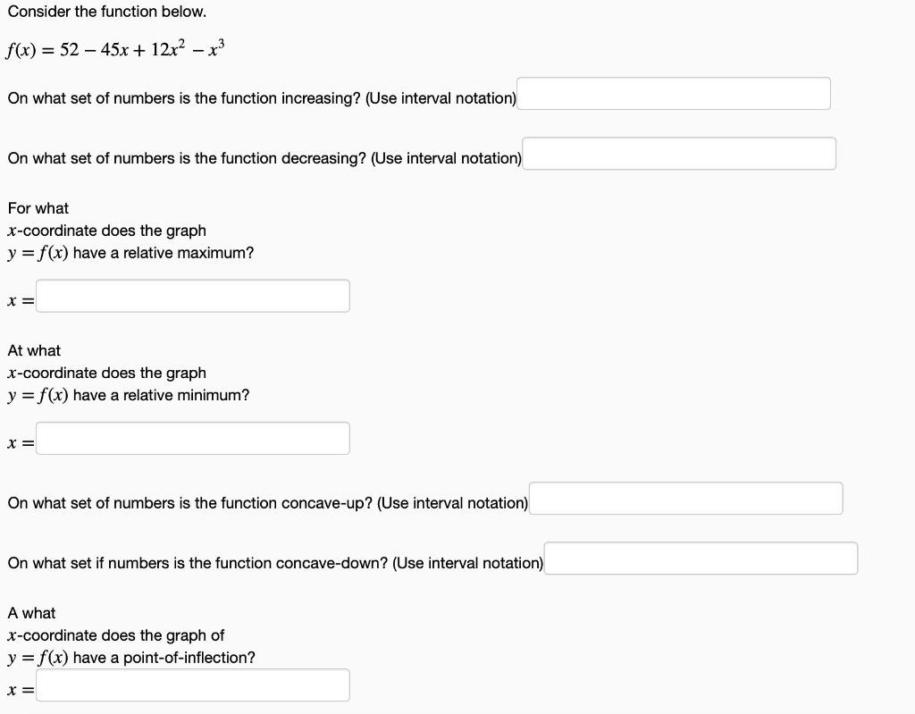 Solved Consider the function below. f(x) = 52 – 45x + 12x2 – | Chegg.com