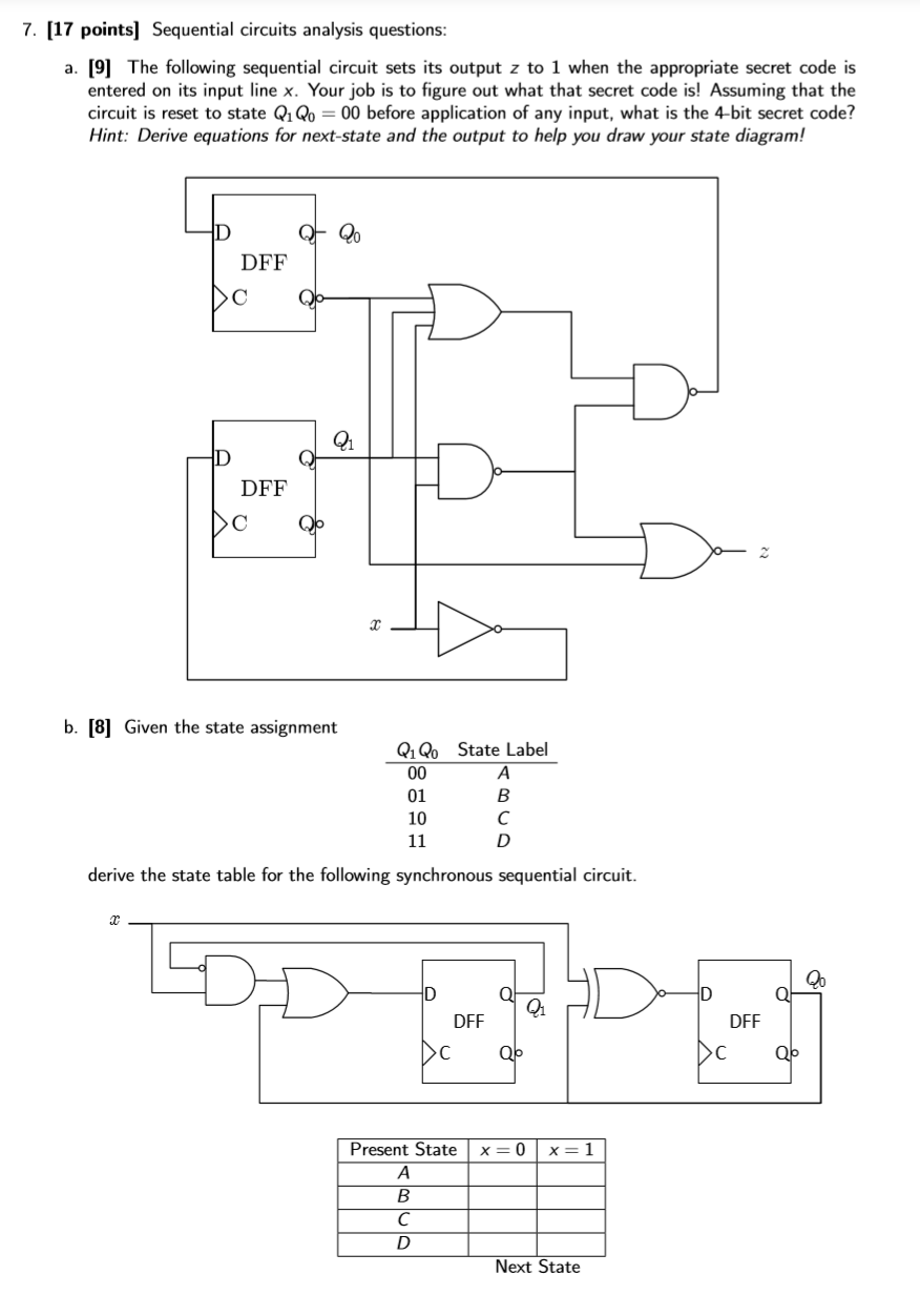 Solved 7. (17 points) Sequential circuits analysis | Chegg.com