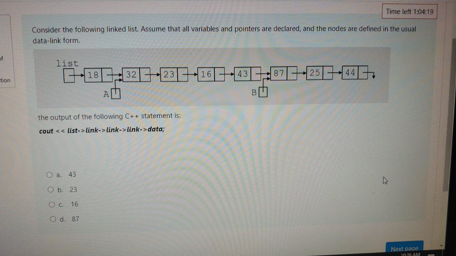 Solved Time left 1:04:19 Consider the following linked list. | Chegg.com