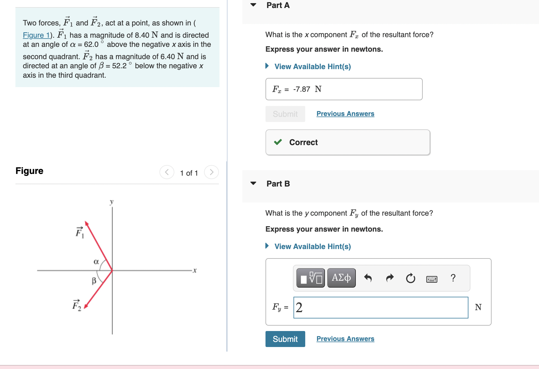 Solved Two forces, F1 and F2, act at a point, as shown in ( | Chegg.com