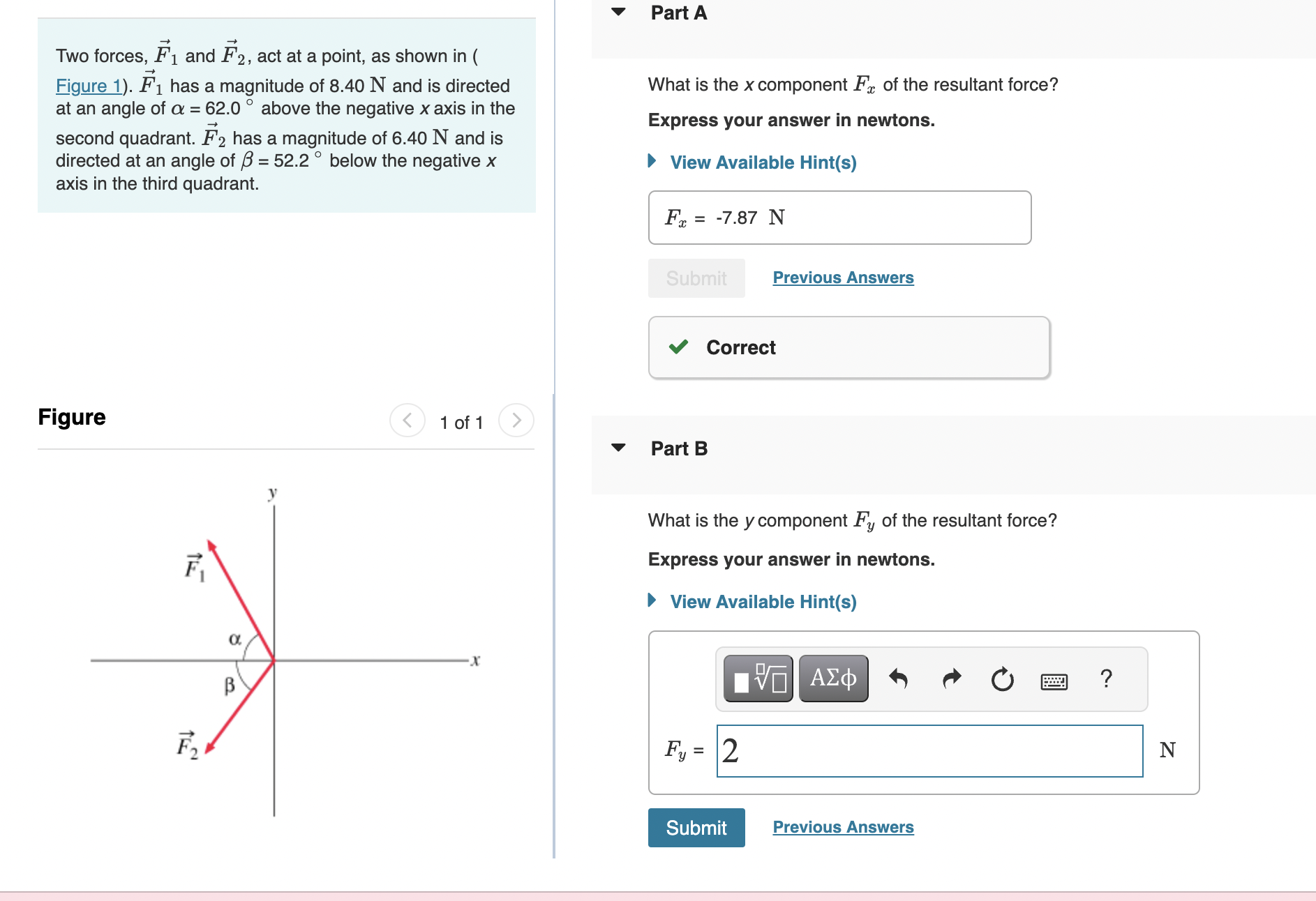 Solved Two Forces, F1 And F2, Act At A Point, As Shown In ( | Chegg.com