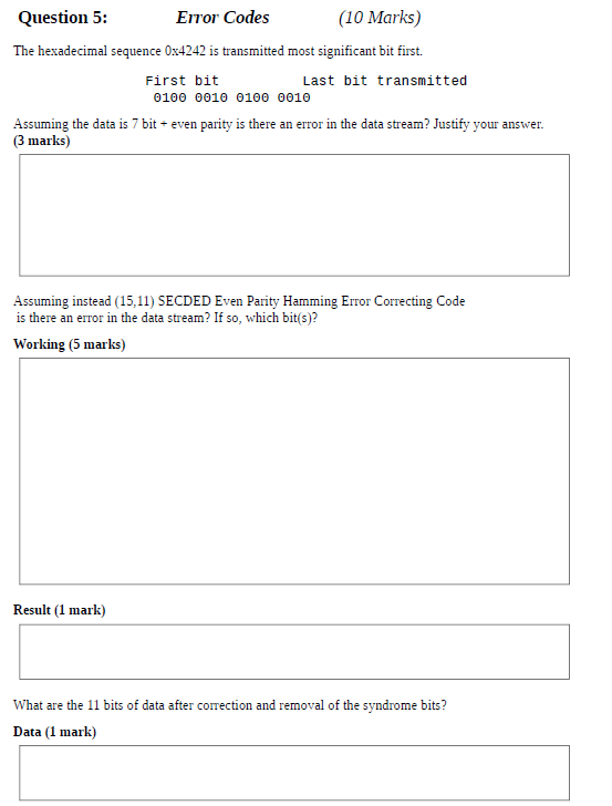Question 5: Error Codes (10 Marks) The hexadecimal | Chegg.com
