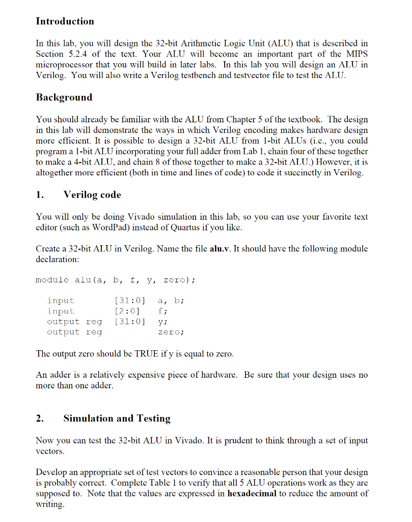 Solved Introduction In this lab, you will design the 32-bit | Chegg.com
